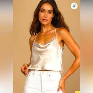 Lulu’s Hold Onto Love Beige Satin Cowl Neck Cami Tank Top